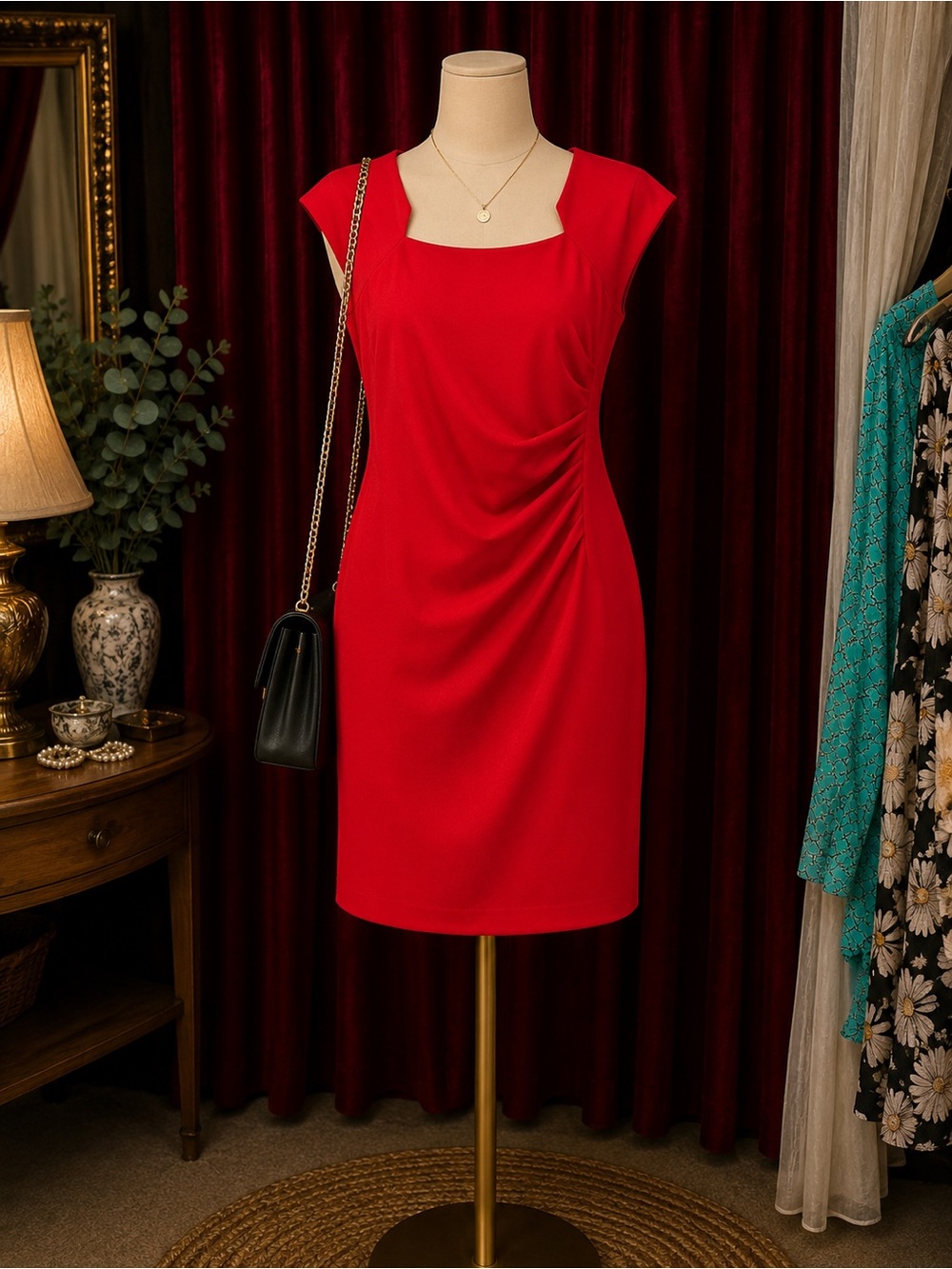 Calvin Klein Red Cap-Sleeve Ruched Sheath Dress